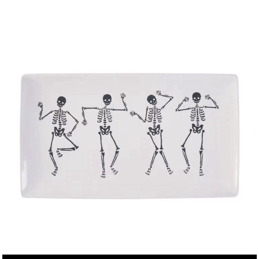 NEW Halloween Party Ceramic Serving Tray Dancing Skeletons Large Platter